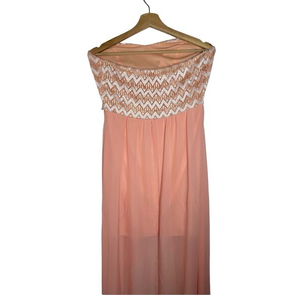 Celavie Peach Strapless High Low Cocktail Dress Size L Chiffon Chevron Print USA - Picture 5 of 11